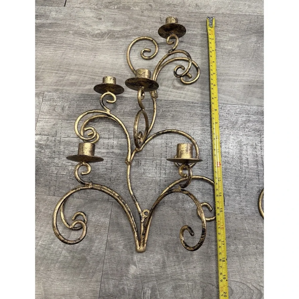 Vtg MCM Wall Candle Sconce Hollywood Regency Gold Tone Metal Scrolls Leaves (2)